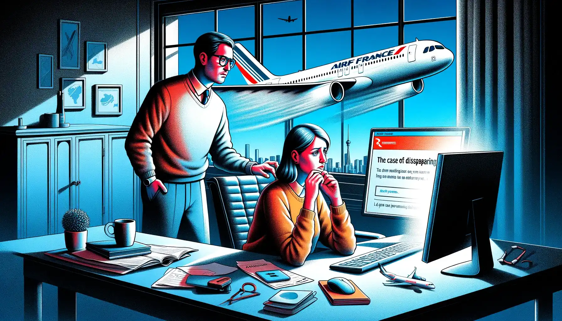 A couple look worriedly at a computer screen with an airplane in the background