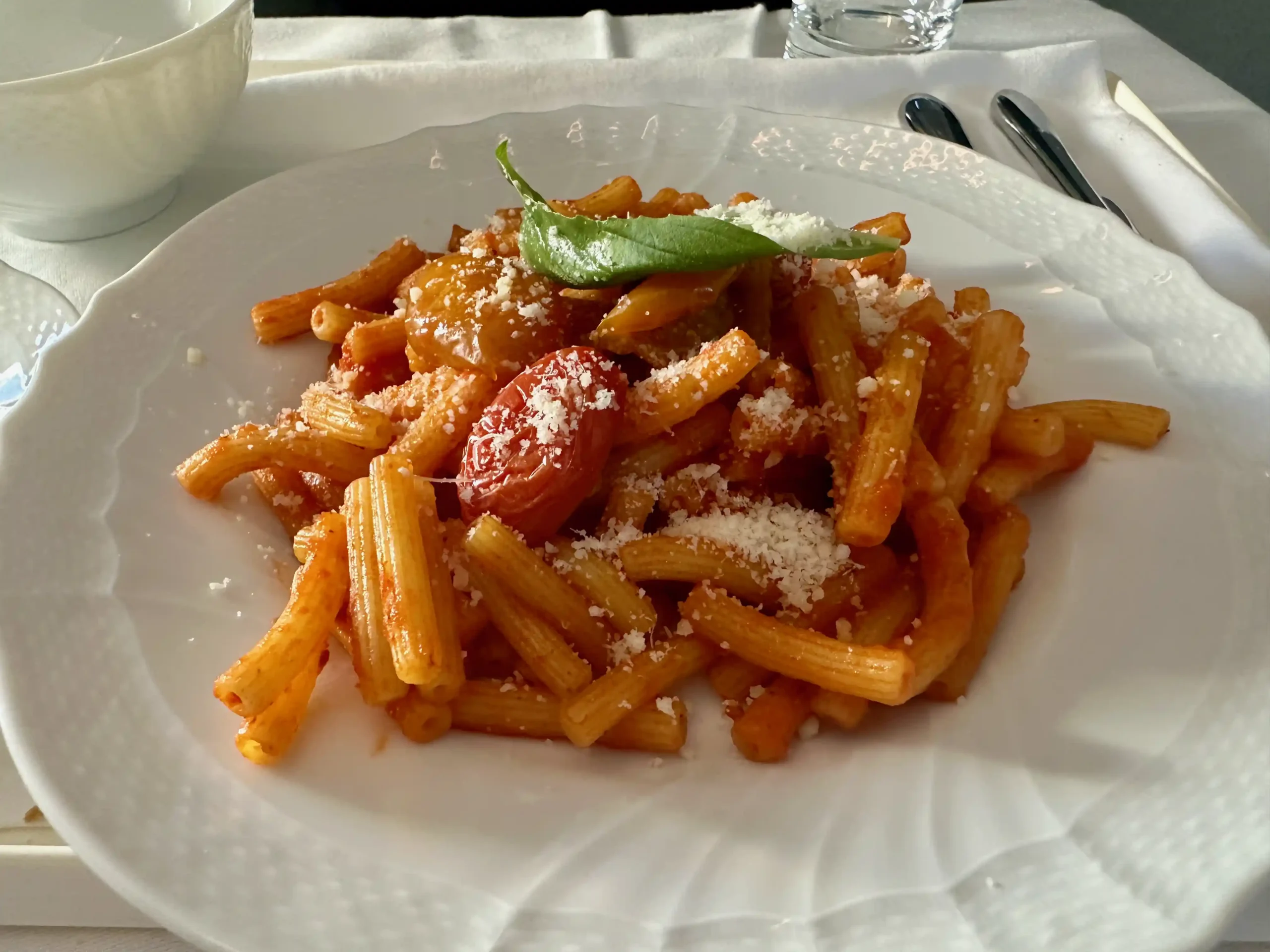 a plate of pasta with cheese and tomato sauce