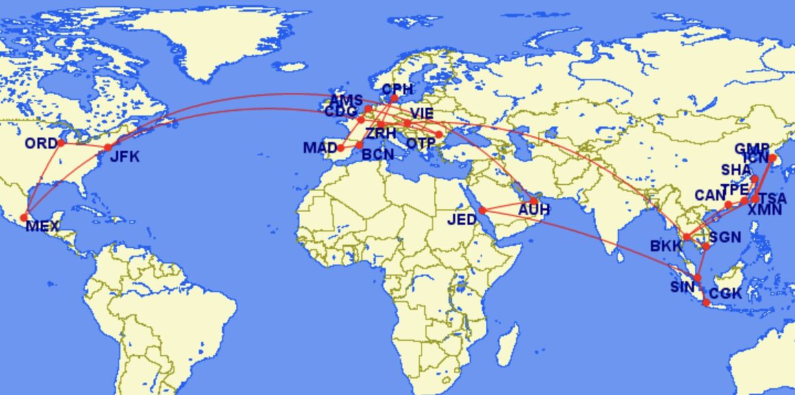 A map detailing the 26 flights the author will be taking over 10 days