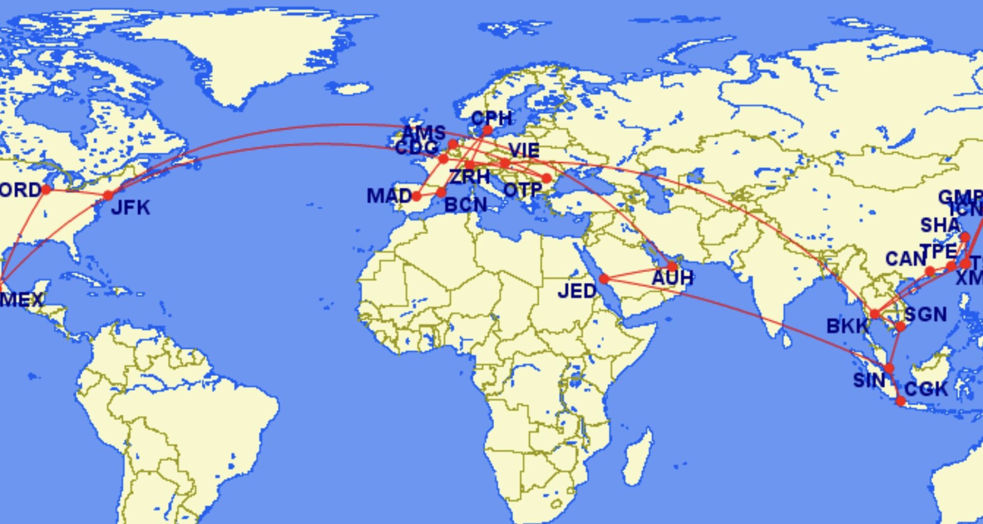 A map detailing the 26 flights the author will be taking over 10 days